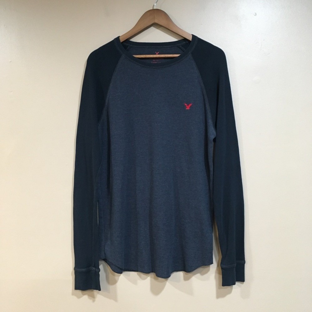 Y2K American Eagle Waffle Knit Thermal Shirt Men XL Blue Classic Fit Raglan Logo